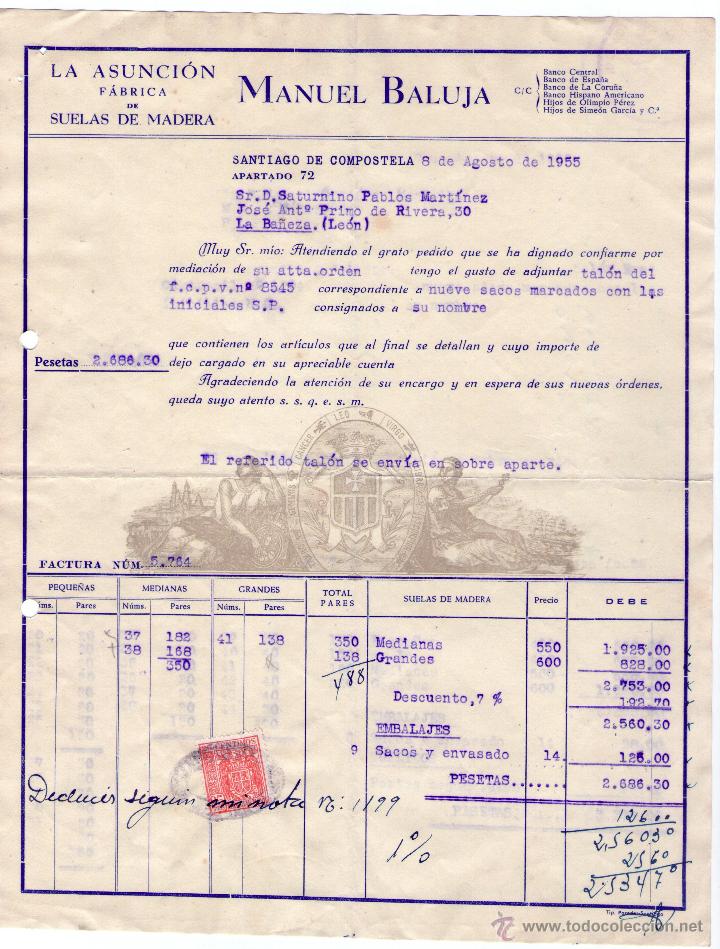 Factures anciennes: FACTURA DE MANUEL BALUJA. LA ASUNCI&Oacute;N. F&Aacute;BRICA DE SUELAS DE MADERA. SANTIAGO DE COMPOSTELA. 1955