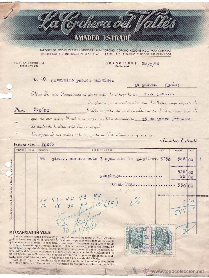 Factures anciennes: FACTURA DE LA CORCHERA DEL VALL&Eacute;S. AMADEO ESTRAD&Eacute;. F&Aacute;BRICA TAPONES DE TODAS CLASES. GRANOLLERS. 1954