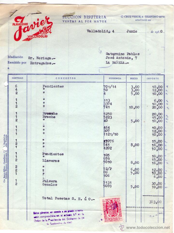 Factures anciennes: FACTURA DE ALMACENES JAVIER, S. A. SECCION BISUTERIA. VENTAS AL POR MAYOR. VALLADOLID. 1955.