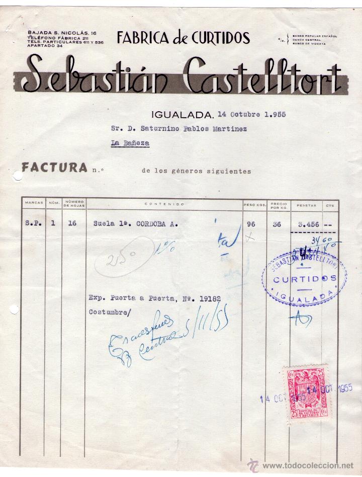 Factures anciennes: FACTURA DE SEBASTI&Aacute;N CASTELLTORT. F&Aacute;BRICA DE CURTIDOS. IGUALADA (BARCELONA). 1955