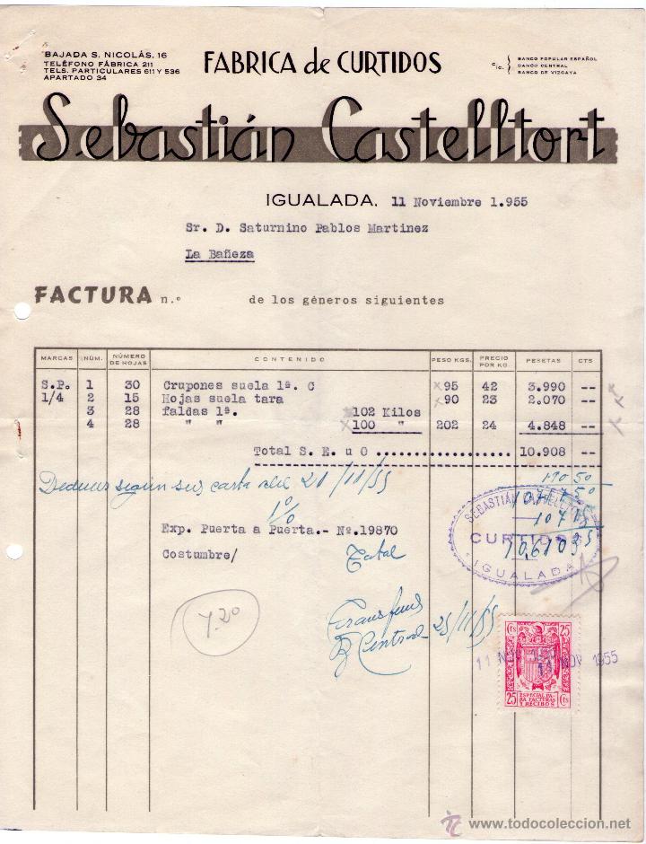 Factures anciennes: FACTURA DE SEBASTI&Aacute;N CASTELLTORT. F&Aacute;BRICA DE CURTIDOS. IGUALADA (BARCELONA). 1955