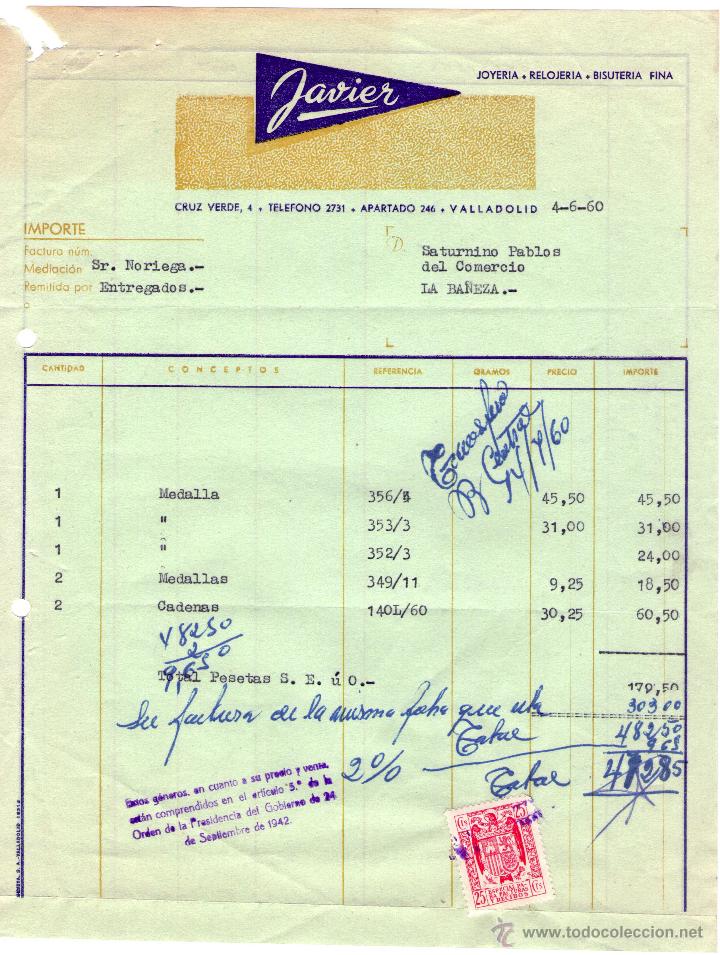 Factures anciennes: FACTURA DE JAVIER.  JOYER&Iacute;A - RELOJER&Iacute;A - BISUTER&Iacute;A FINA. VALLADOLID. 1960.
