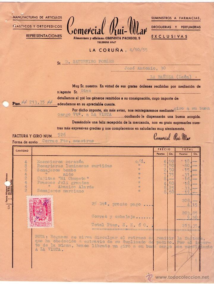 Factures anciennes: FACTURA COMERCIAL RUI - MAR. MANUFACTURAS DE ARTICULOS  PLASTICOS Y ORTOPEDICOS... LA CORU&Ntilde;A. 1955