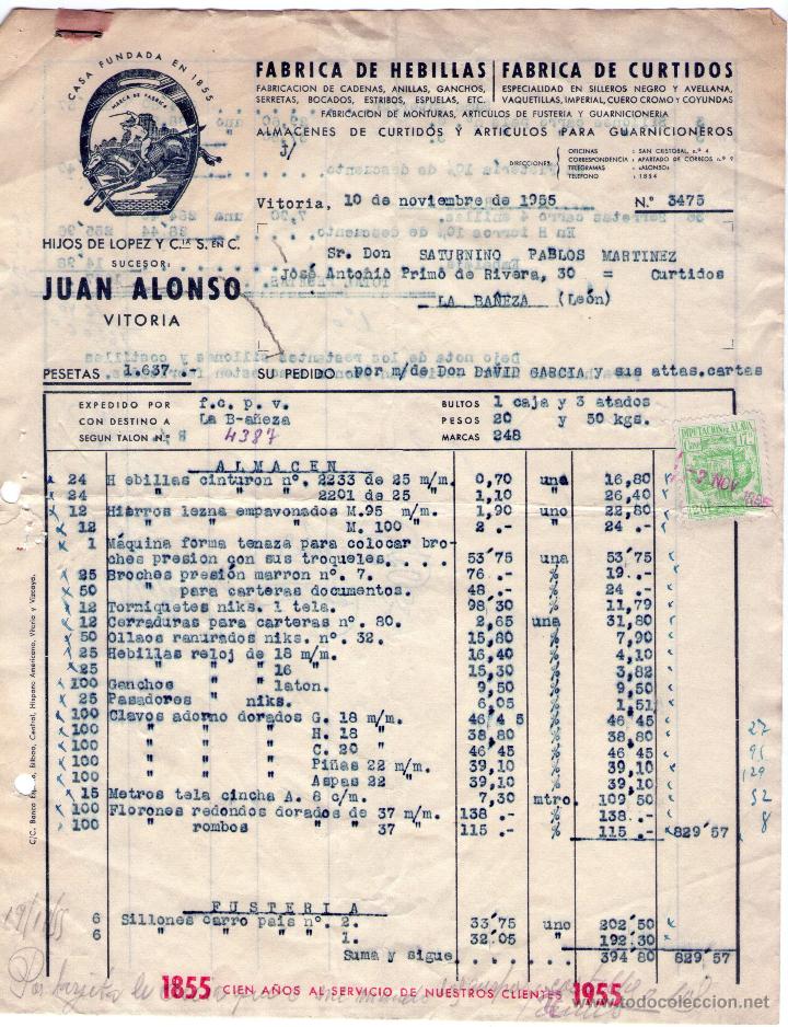 Factures anciennes: FACTURA HIJOS DE LOPEZ Y Ci&ordf;. Suc. JUAN ALONSO.FABRICA DE HEBILLAS - CURTIDOS. VITORIA. 1955
