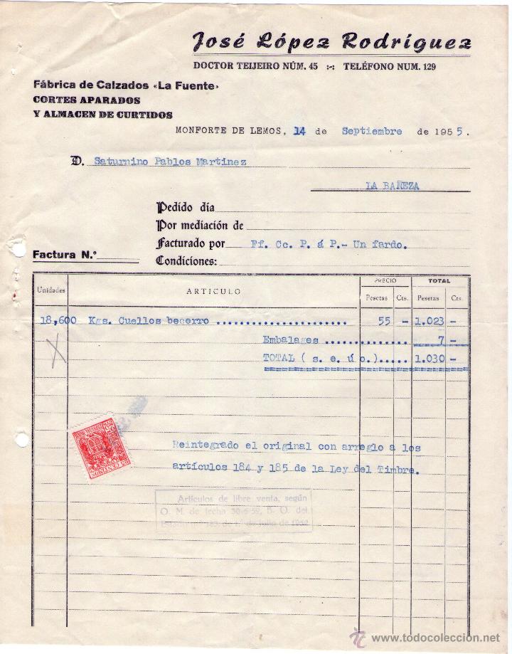 Factures anciennes: FACTURA JOS&Eacute; L&Oacute;PEZ RODRIGUEZ. F&Aacute;BRICA DE CALZADOS. CORTES APARADOS Y ALMAC&Eacute;N DE CURTIDOS. LUGO.1955