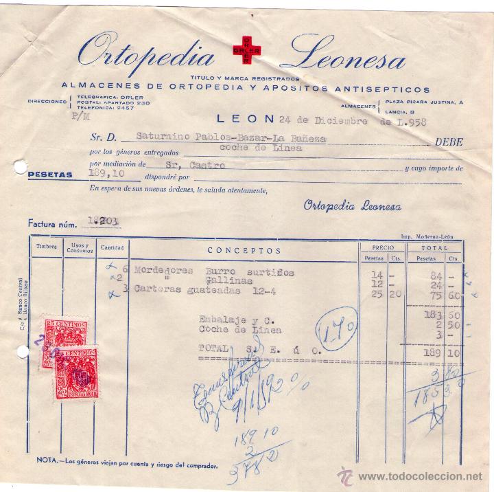 Fatture antiche: FACTURA DE ORTOPEDIA LEONESA. ALMACENES DE ORTOPEDIA Y APOSITOS ANTISEPTICOS. LE&Oacute;N. 1958