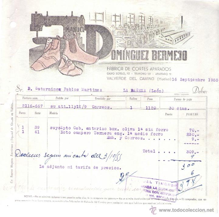 Facturas antiguas: FACTURA DE MANUEL DOMINGUEZ BERMEJO. F&Aacute;BRICA DE CORTES APARADOS. VALVERDE DEL CAMINO (HUELVA). 1955.