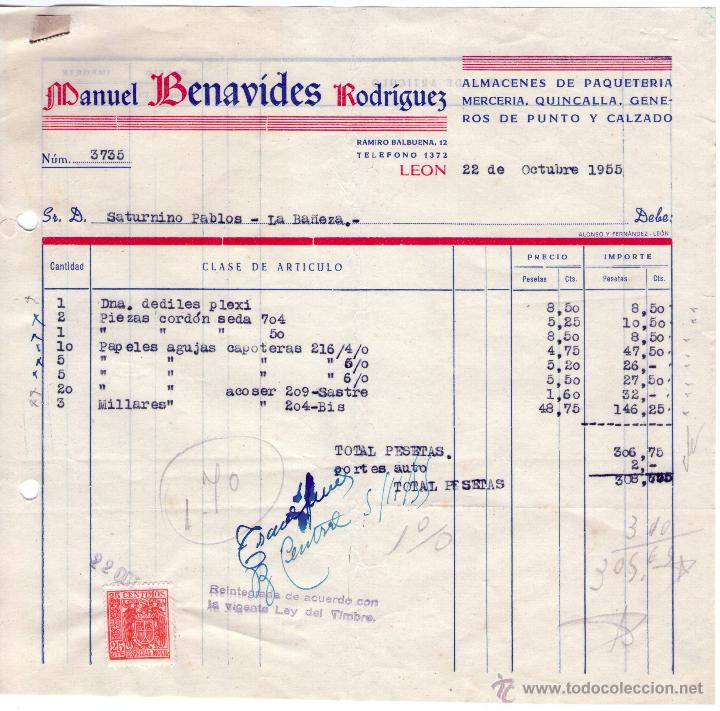 Facturas antiguas: FACTURA DE MANUEL BENAVIDES RODRIGUEZ. ALMACENES DE PAQUETER&Iacute;A, MERCER&Iacute;A, QUINCALLA,... LE&Oacute;N. 1955