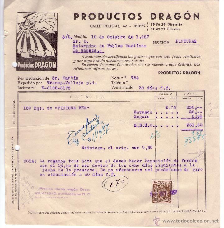 Facturas antiguas: FACTURA DE PRODUCTOS DRAG&Oacute;N. MADRID. 1957.