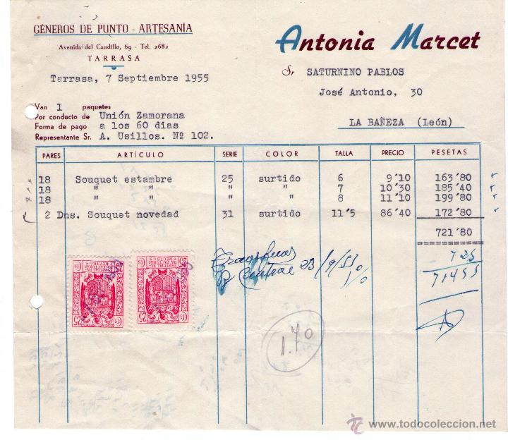 Facturas antiguas: FACTURA DE ANTONIA MARCET. GENEROS DE PUNTO - ARTESANIA. LA BA&Ntilde;EZA (LE&Oacute;N). 1955