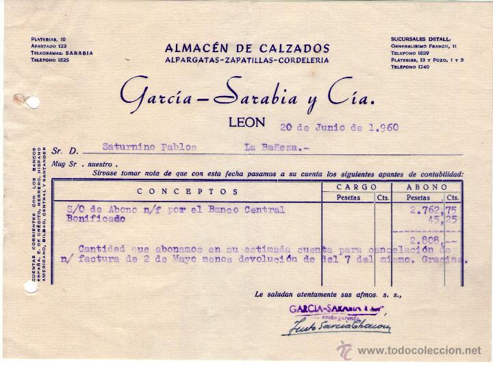 Facturas antiguas: FACTURA DE GARC&Iacute;A SARABIA Y Ci&ordf;. ALMAC&Eacute;N DE CALZADOS. ALPARGATAS- ZAPATILLAS- CORDELERIA. L&Eacute;ON. 1960