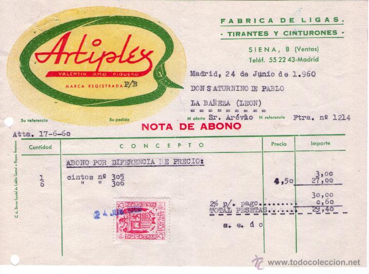 Facturas antiguas: FACTURA DE VALENTIN AMO PIQUERO. ARTIPLEX. F&Aacute;BRICA DE LIGAS, TIRANTES Y CINTURONES. MADRID. 1960.