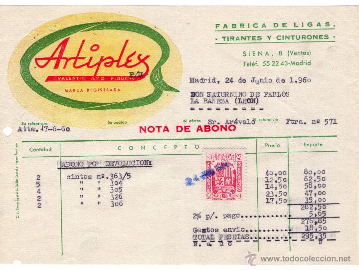 Facturas antiguas: FACTURA DE VALENTIN AMO PIQUERO. ARTIPLEX. F&Aacute;BRICA DE LIGAS, TIRANTES Y CINTURONES. MADRID. 1960.