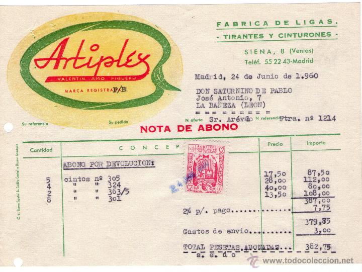 Facturas antiguas: FACTURA DE VALENTIN AMO PIQUERO. ARTIPLEX. F&Aacute;BRICA DE LIGAS, TIRANTES Y CINTURONES. MADRID. 1960.