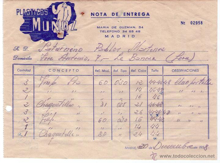 Facturas antiguas: NOTA DE ENTREGA DE PLASTICOS MU&Ntilde;OZ.  MADRID. 1958.