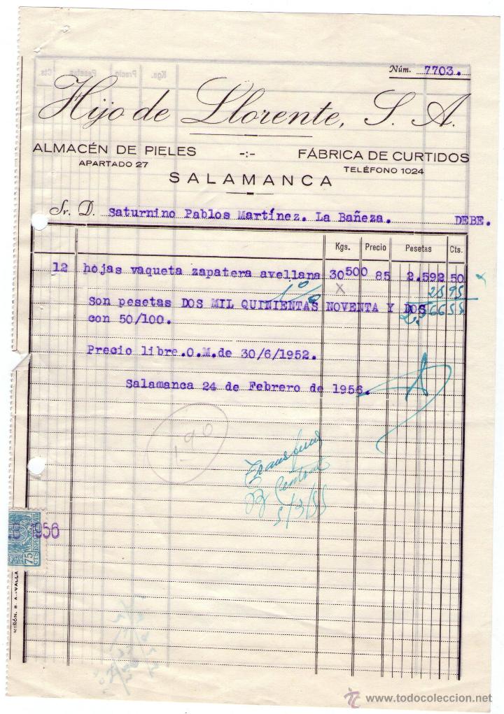 Facturas antiguas: FACTURA DE HIJO DE LLORENTE, S. A. F&Aacute;BRICA DE CURTIDOS Y ALMAC&Eacute;N DE PIELES. SALAMANCA. 1956.