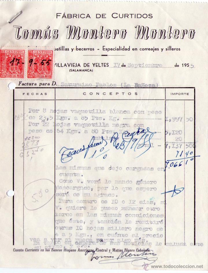 Facturas antiguas: FACTURA DE TOM&Aacute;S MONTERO MONTERO. F&Aacute;BRICA DE CURTIDOS. SALAMANCA. 1955.
