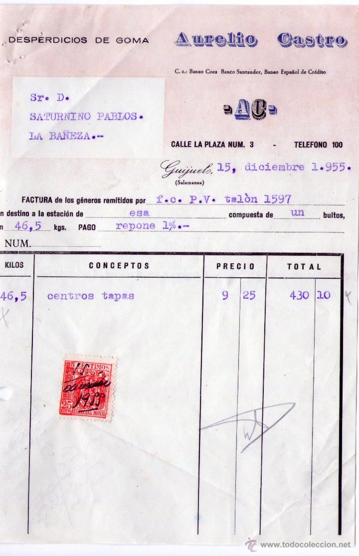 Facturas antiguas: FACTURA DE AURELIO CASTRO. DESPERDICIOS DE GOMA. GUIJUELO (SALAMANCA). 1955.