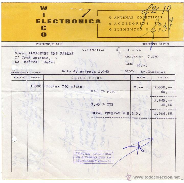 Facturas antiguas: FACTURA DE ELECTRONICA VICO. VALENCIA. 1973.