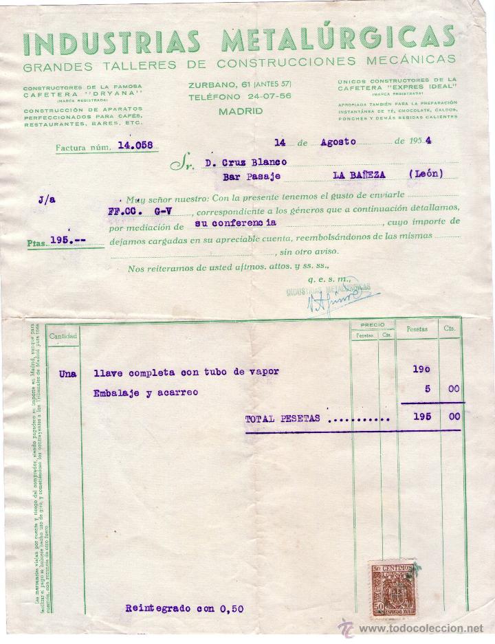 Factures anciennes: FACTURA DE INDUSTRIAS METAL&Uacute;RGICAS. GRANDES TALLERES DE CONSTRUCCIONES MEC&Aacute;NICAS. MADRID. 1954.