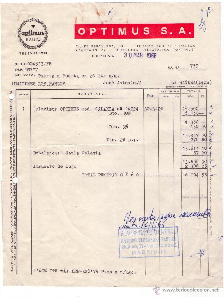 Factures anciennes: FACTURA DE OPTIMUS, S. A. GERONA. 1968.