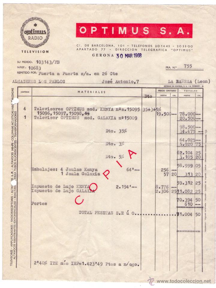 Factures anciennes: FACTURA DE OPTIMUS, S. A. GERONA. 1968.