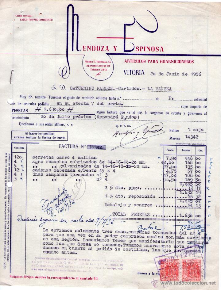 Factures anciennes: FACTURA DE MENDOZA Y ESPINOSA. ARTICULOS PARA GUARNICIONEROS. VITORIA. 1956.