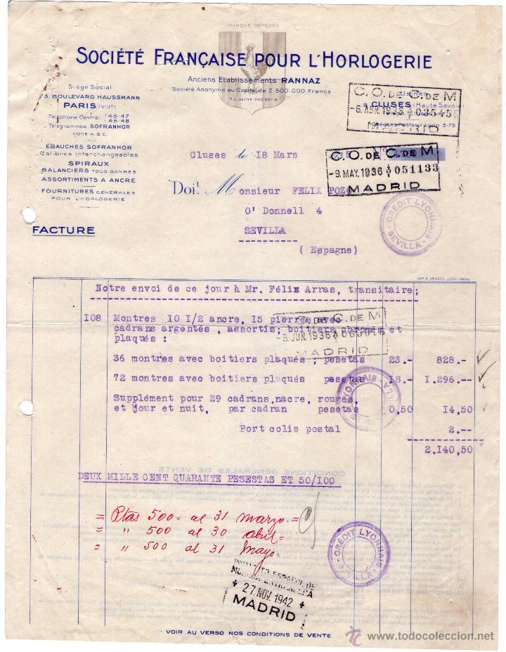 Factures anciennes: FACTURA DE SOCI&Eacute;TE FRAN&Ccedil;AISE POUR L&acute;HORLOGERIE. CLUSES (FRANCE). 1935.