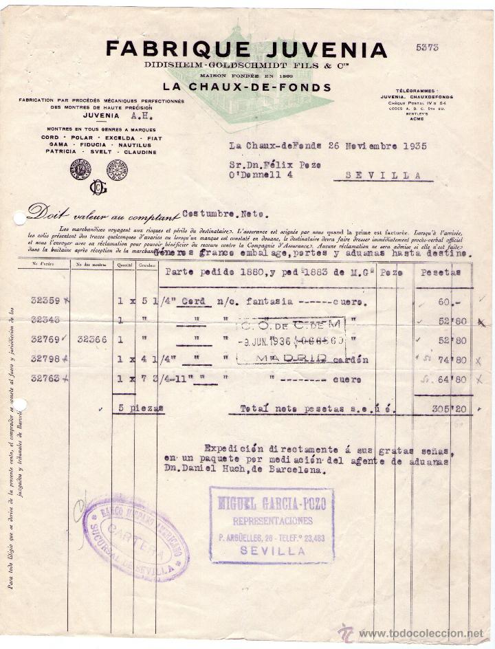 Factures anciennes: FACTURA DE FABRIQUE JUVENIA. FABRICATION DES MONTRES DE HAUTE PR&Eacute;CISION. LA CHAUX DE FONDS. 1935