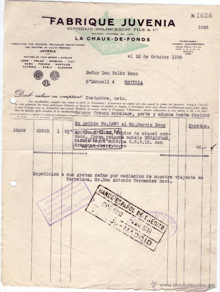 Factures anciennes: FACTURA DE FABRIQUE JUVENIA. FABRICATION DES MONTRES DE HAUTE PR&Eacute;CISION. LA CHAUX DE FONDS. 1935