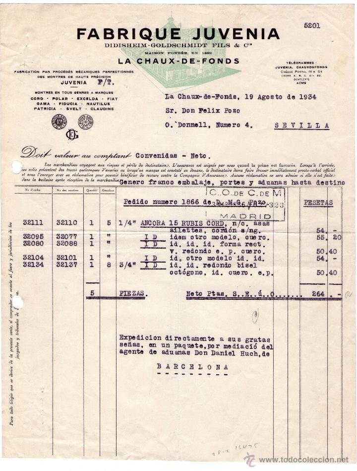 Factures anciennes: FACTURA DE FABRIQUE JUVENIA. FABRICATION DES MONTRES DE HAUTE PR&Eacute;CISION. LA CHAUX DE FONDS. 1934