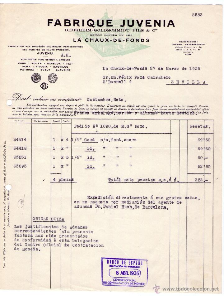 Factures anciennes: FACTURA DE FABRIQUE JUVENIA. FABRICATION DES MONTRES DE HAUTE PR&Eacute;CISION. LA CHAUX DE FONDS. 1934