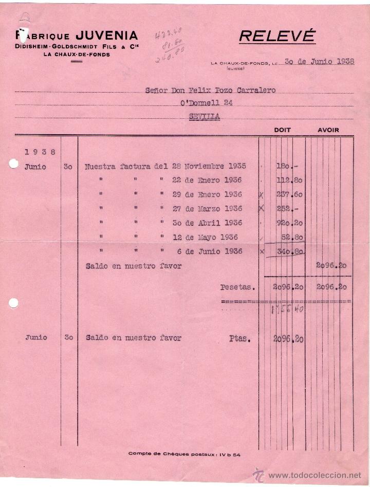 Factures anciennes: RELEV&Eacute; DE FABRIQUE JUVENIA. LA CHAUX DE FONDS (SUISSE). 1938
