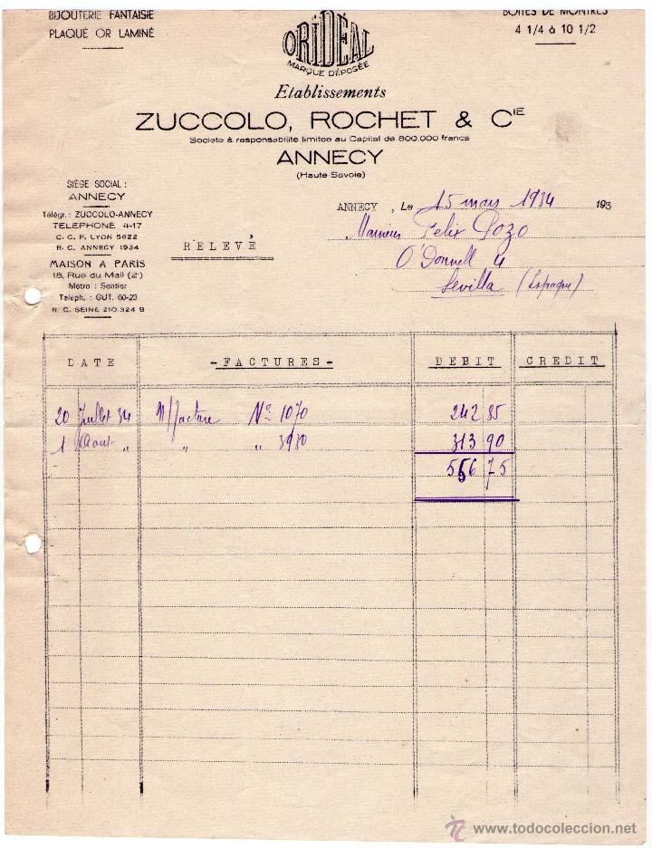 Factures anciennes: RELEV&Eacute; DE ETABLTS. ZUCCOLO, ROCHET & Cie, S.L. BIJOUTERIE FANTAISIE - PLAQU&Eacute; OR LAMIN&Eacute;. ANNECY.1934
