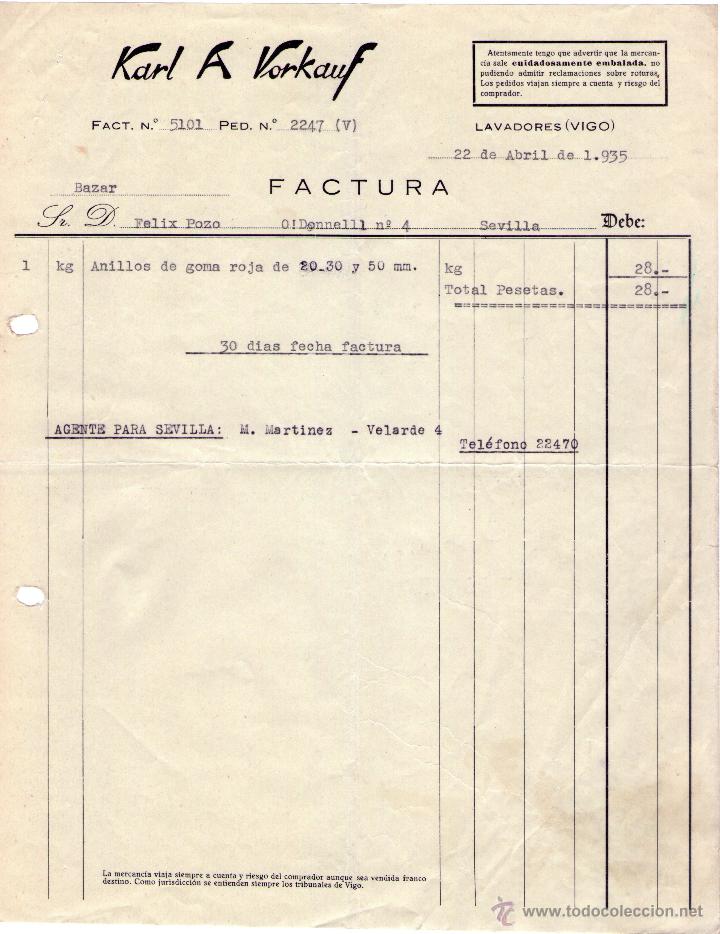 Factures anciennes: FACTURA DE KARL A VORKAUF. LAVADORES (VIGO). 1935.