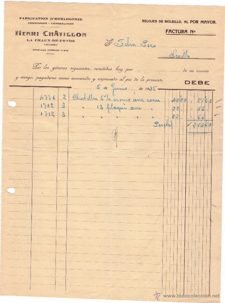 Factures anciennes: FACTURA DE HENRI CH&Acirc;TILLON. FABRICATION D'HORLOGERIE. COMISSION - EXPORTATION. SUISSE. 1935..