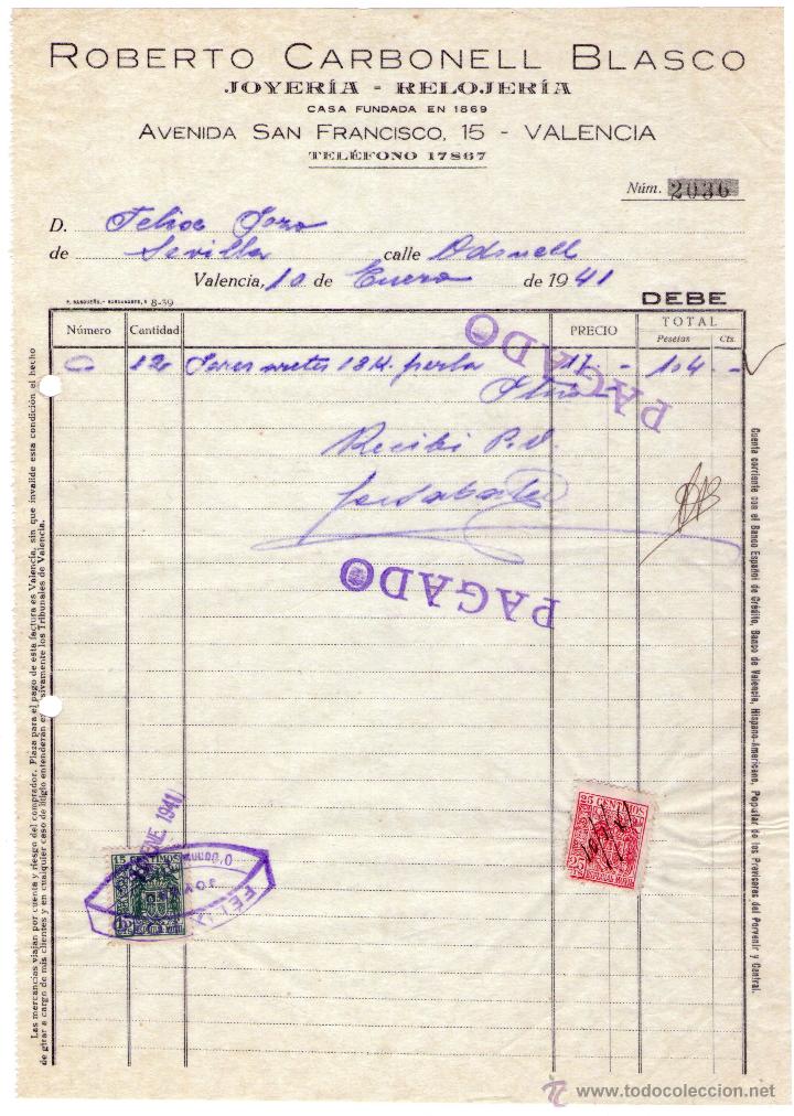 Factures anciennes: FACTURA DE ROBERTO CARBONELL BLASCO. JOYER&Iacute;A - RELOJER&Iacute;A. VALENCIA. 1941.
