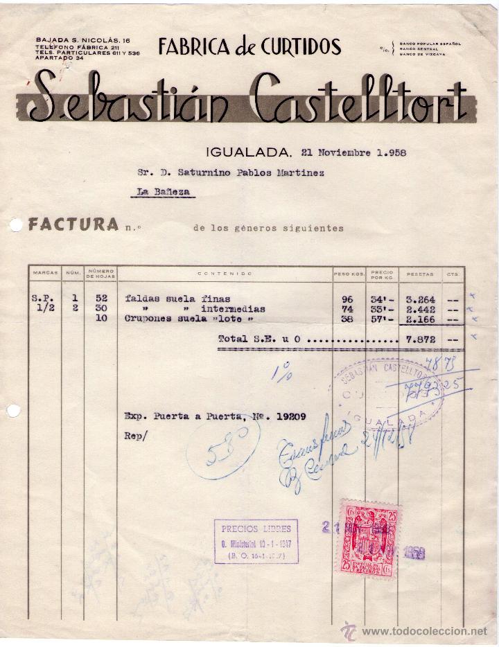 Factures anciennes: FACTURA DE SEBASTI&Aacute;N CASTELLTORT. F&Aacute;BRICA DE CURTIDOS. IGUALADA (BARCELONA). 1958