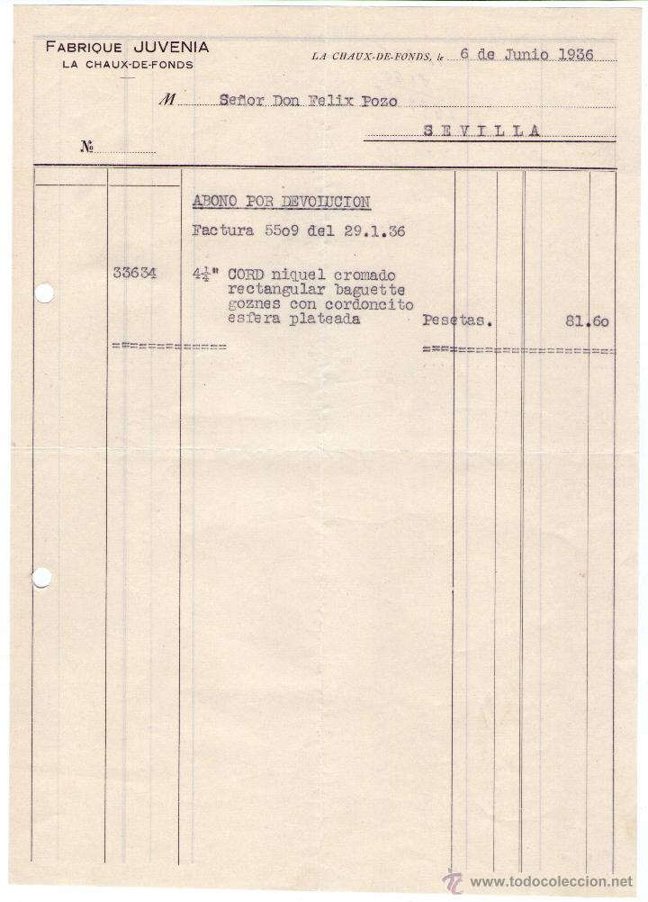Factures anciennes: ABONO POR DEVOLUCI&Oacute;N DE FABRIQUE JUVENIA. LA CHAUX DE FONDS (SUIZA). 1936
