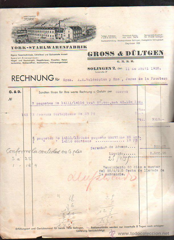 Factures anciennes: FACTURA. GROSS & D&Uuml;LTGEN. YORK - STAHLWARENFABRIK. RECHNUNG. 1935