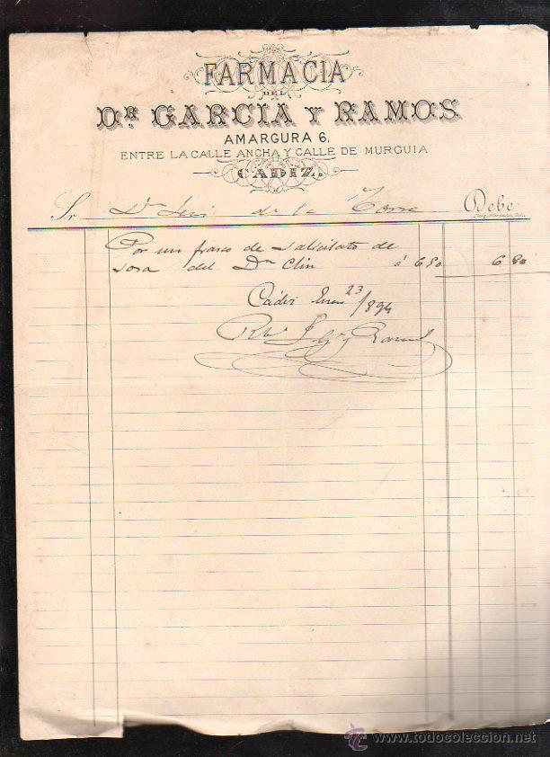 Factures anciennes: FACTURA. FARMACIA DEL DR. GARCIA Y RAMOS. CADIZ. 1894