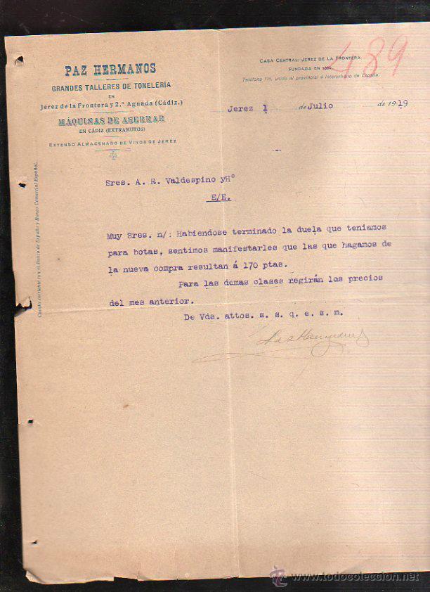 Factures anciennes: FACTURA. PAZ HERMANOS. TALLERES DE TONELERIA. MAQUINAS DE ASERRAR. JEREZ, CADIZ. 1919