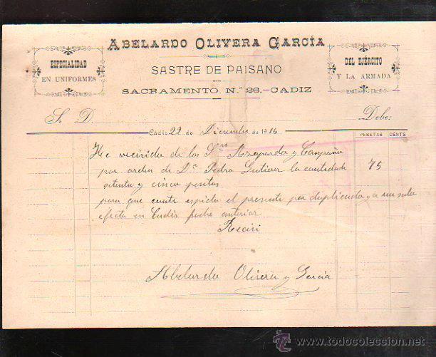 Factures anciennes: FACTURA. ABELARDO OLIVERA GARCIA. SASTRE DE PAISANO. CADIZ. 1914