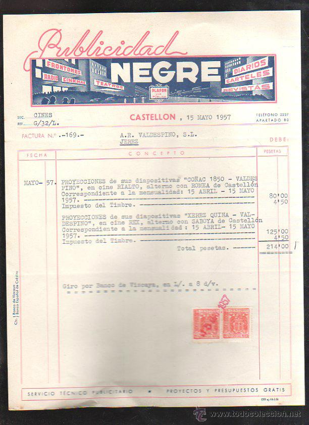 Factures anciennes: FACTURA. PUBLICIDAD NEGRE. SECCION CINE. CASTELLON. 1957