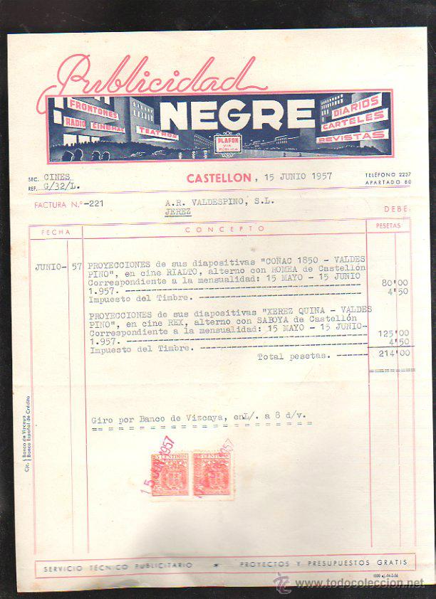 Factures anciennes: FACTURA. PUBLICIDAD NEGRE. SECCION CINE. CASTELLON. 1957