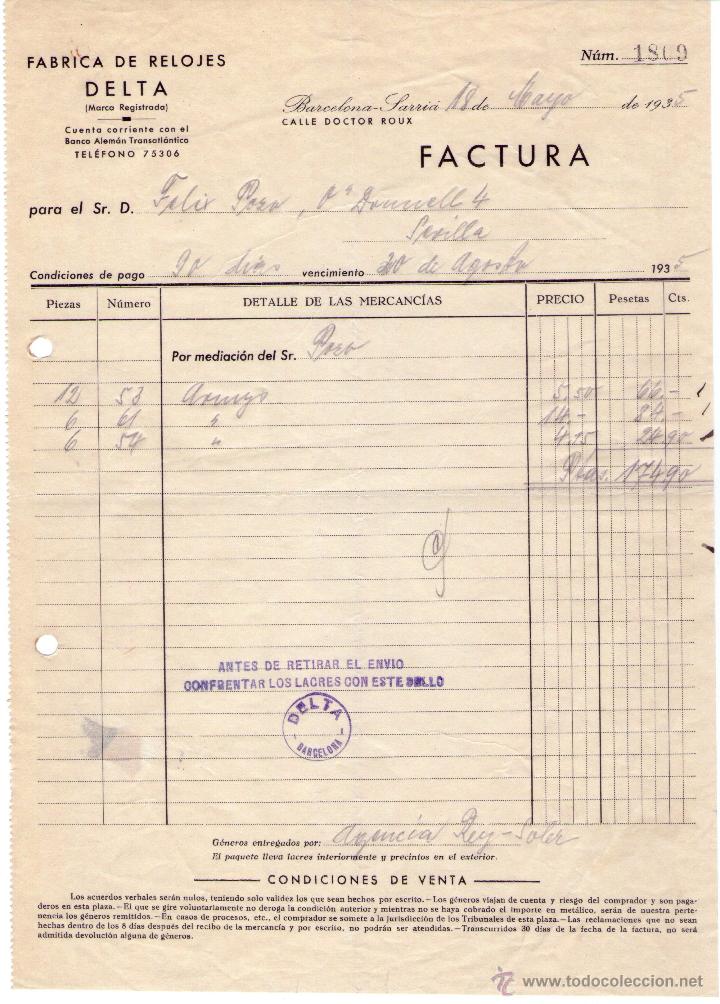 Facturas antiguas: FACTURA DE DELTA. F&Aacute;BRICA DE RELOJES. BARCELONA SARR&Iacute;A. 1935.