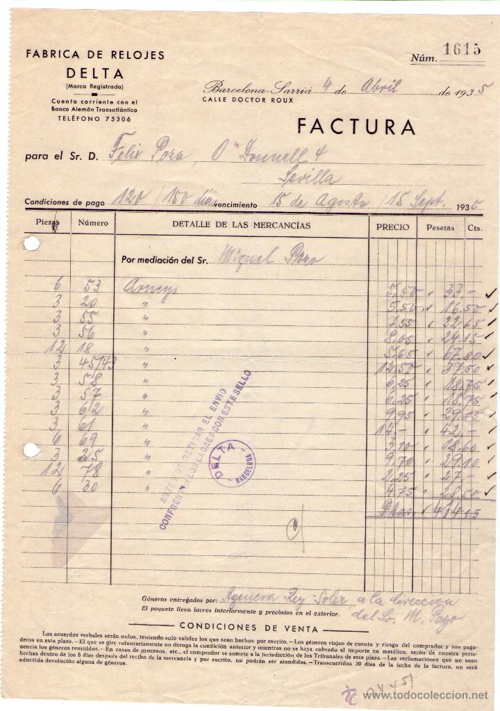 Facturas antiguas: FACTURA DE DELTA. F&Aacute;BRICA DE RELOJES. BARCELONA SARR&Iacute;A. 1935.