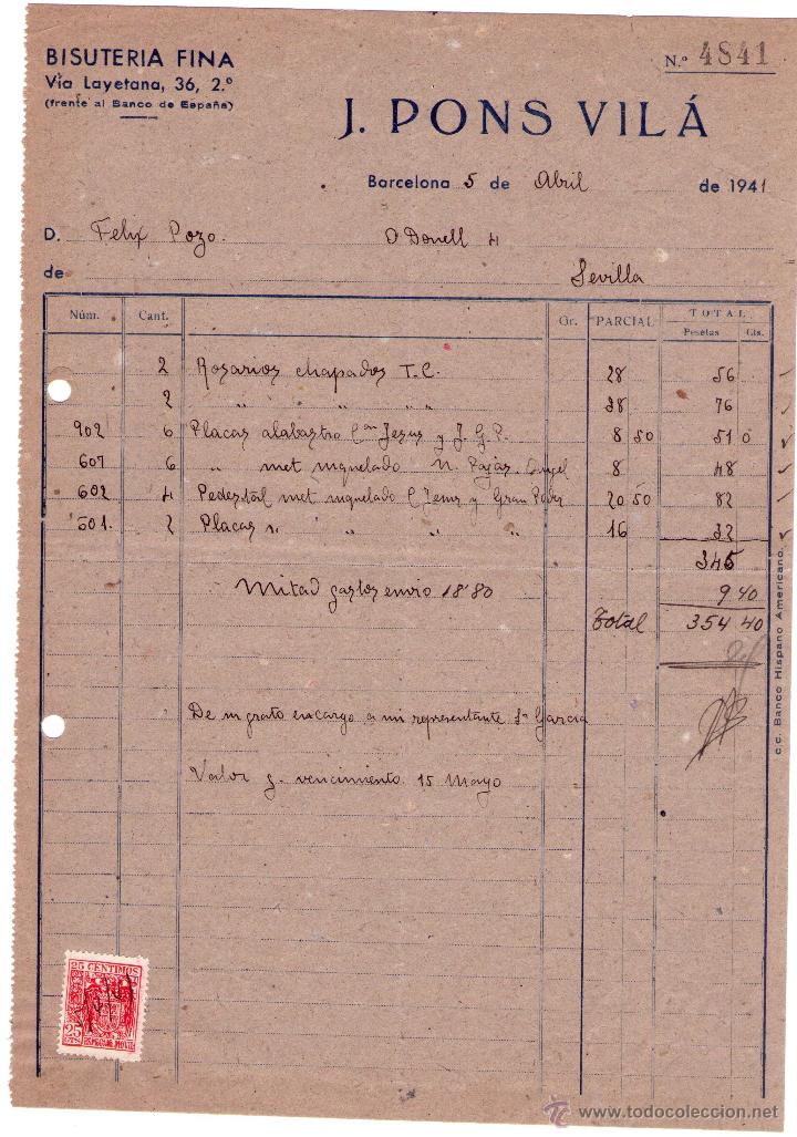 Facturas antiguas: FACTURA DE J. PONS VIL&Aacute;. BISUTER&Iacute;A FINA. BARCELONA . 1941.