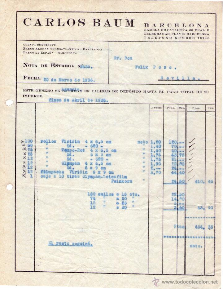 Facturas antiguas: NOTA DE ENTREGA DE CARLOS BAUM. BARCELONA . 1936.