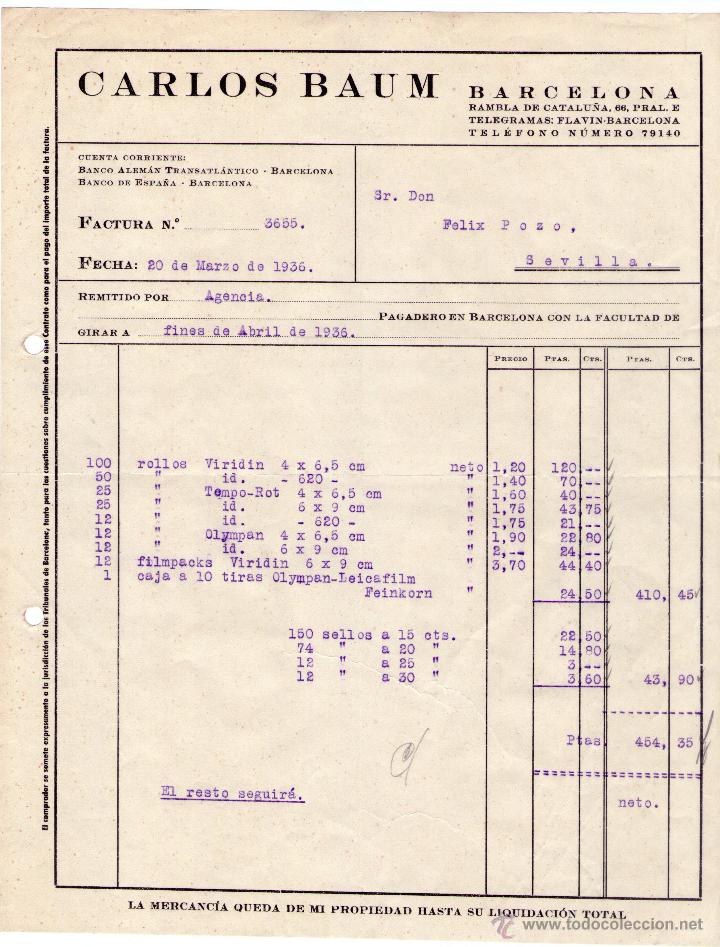 Factures anciennes: FACTURA DE CARLOS BAUM. BARCELONA . 1936.